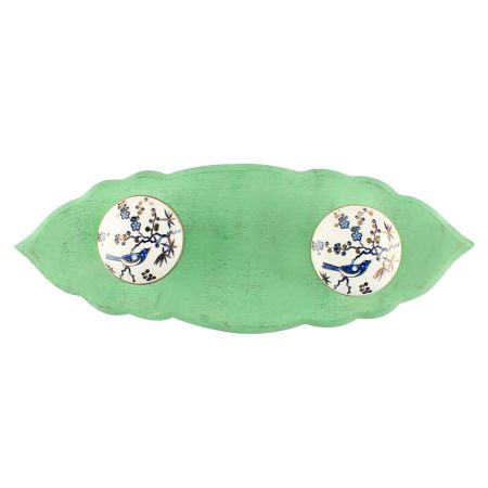 Green With Blue Bird Golden Berry Ceramic Wooden Hook